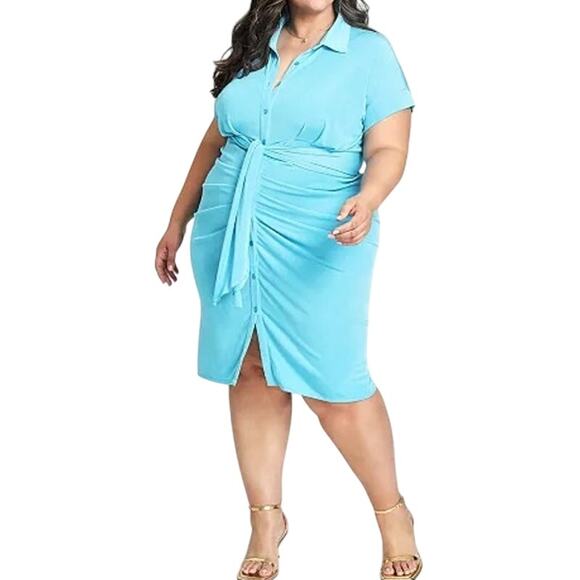 Nina Parker Tie-Front Collared Ruched Turquoise Blue Midi Dress Plus 3X NWT - Picture 1 of 13